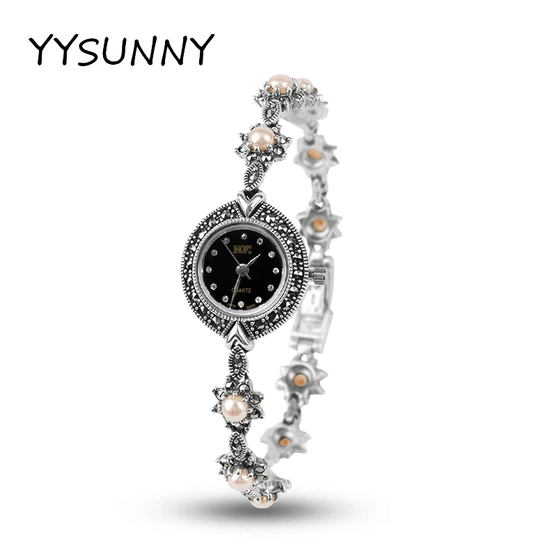 

YYSUNNY Fashion Women's Round Wrist Watch S925 Sterling Silver Small Flowers Inlaid with Beads Bracelet Elegant Jewelry