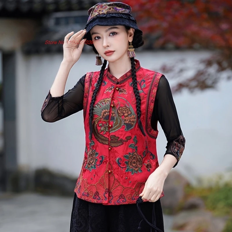 

2025 chinese vintage satin jacquard vest flower embroidery stand collar folk vest hanfu tops vintage sleeveless jacket folk vest