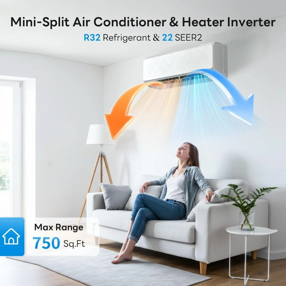 12000 BTU Mini Split Air Conditioner & Heating System, Wifi, Remote Control, Low Noise, 22 SEER2 Energy Efficient 115V AC Unit