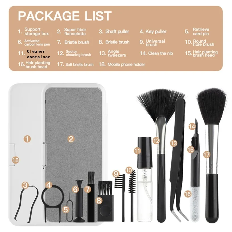 18 In 1 Computer Keyboard Cleaner Tools Phone Tablet Camera Screen Cleaning Kit Earphone Clean Brush Keycap Puller Phone Holder