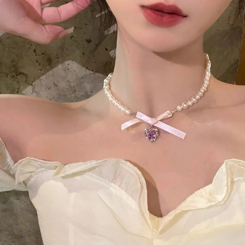 Love heart bow pearl pendant necklace for women, simple and sexy, sweet OT clasp choker chain, party jewelry accessory