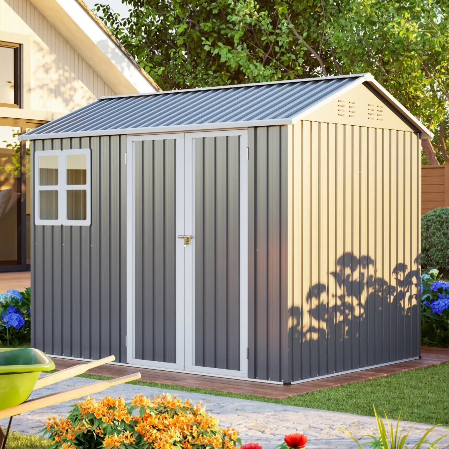 8'x6' Large Steel Storage Shed with Window, Lockable Doors and Sloped Roof, Heavy Duty Outdoor Tool Shed for Garden, Patio, Bac