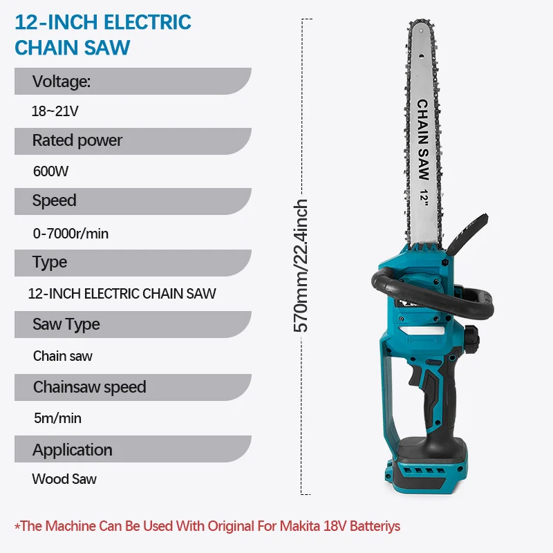 12Inch 7000RPM Brushless Electric Chain Saw 600W Cordless Handheld Chainsaw Graden Pruning Power Tool For Makita 18V Battery Pin