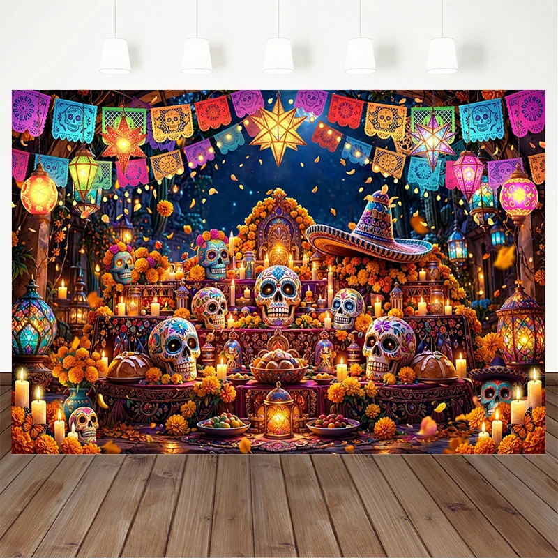 Mocsicka Day Of The Dead Photography Backdrop Mexican Sugar Skull Banner Candle Altar Halloween Fiesta Family Party Photo Studio