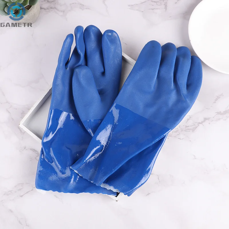 Guantes resistentes al aceite y al ácido alcalino, manoplas protectoras de seguridad Industrial de algodón con forro azul, productos químicos, 1 par