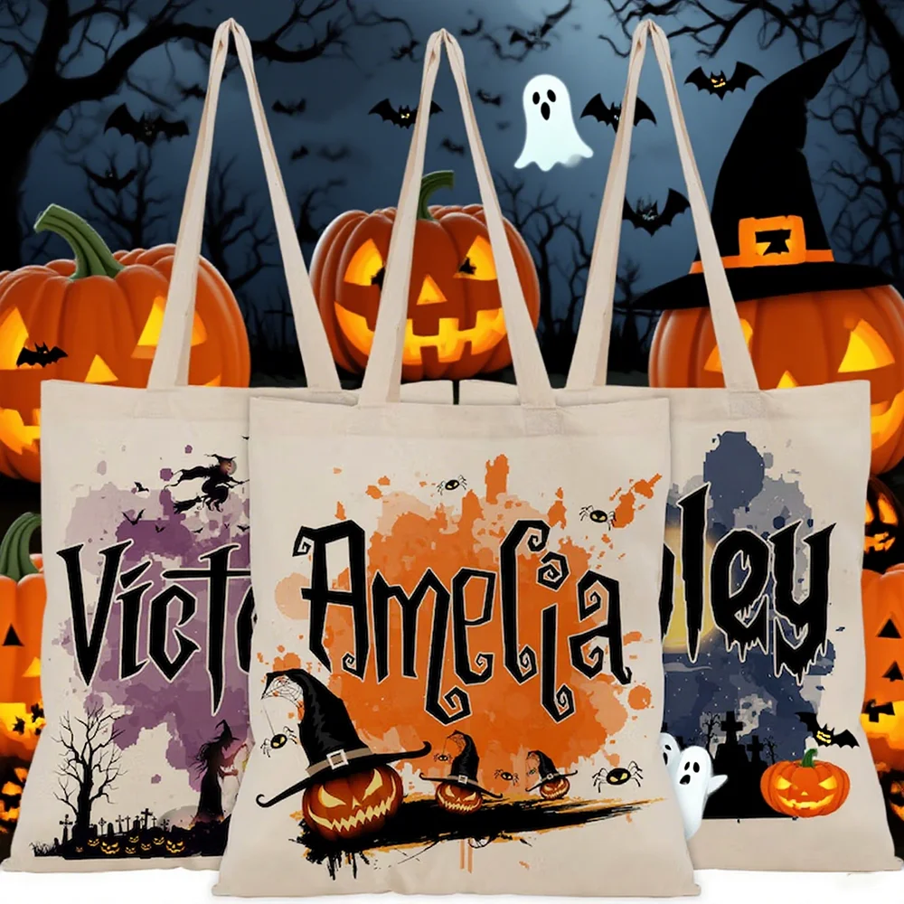 

Personalized 1 Pcs Halloween Canvas Tote Bag Evil Pumpkin Witch Ghost Shoulder Bag Trick or Treat Spooky Season Children's Gift