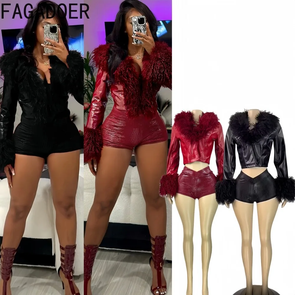 

FAGADOER Fashion Leather Patchwork 2 Pieces Set for Woman Snake Pattern Deep V-neck Crop Top and Shorts Female Streetwear New