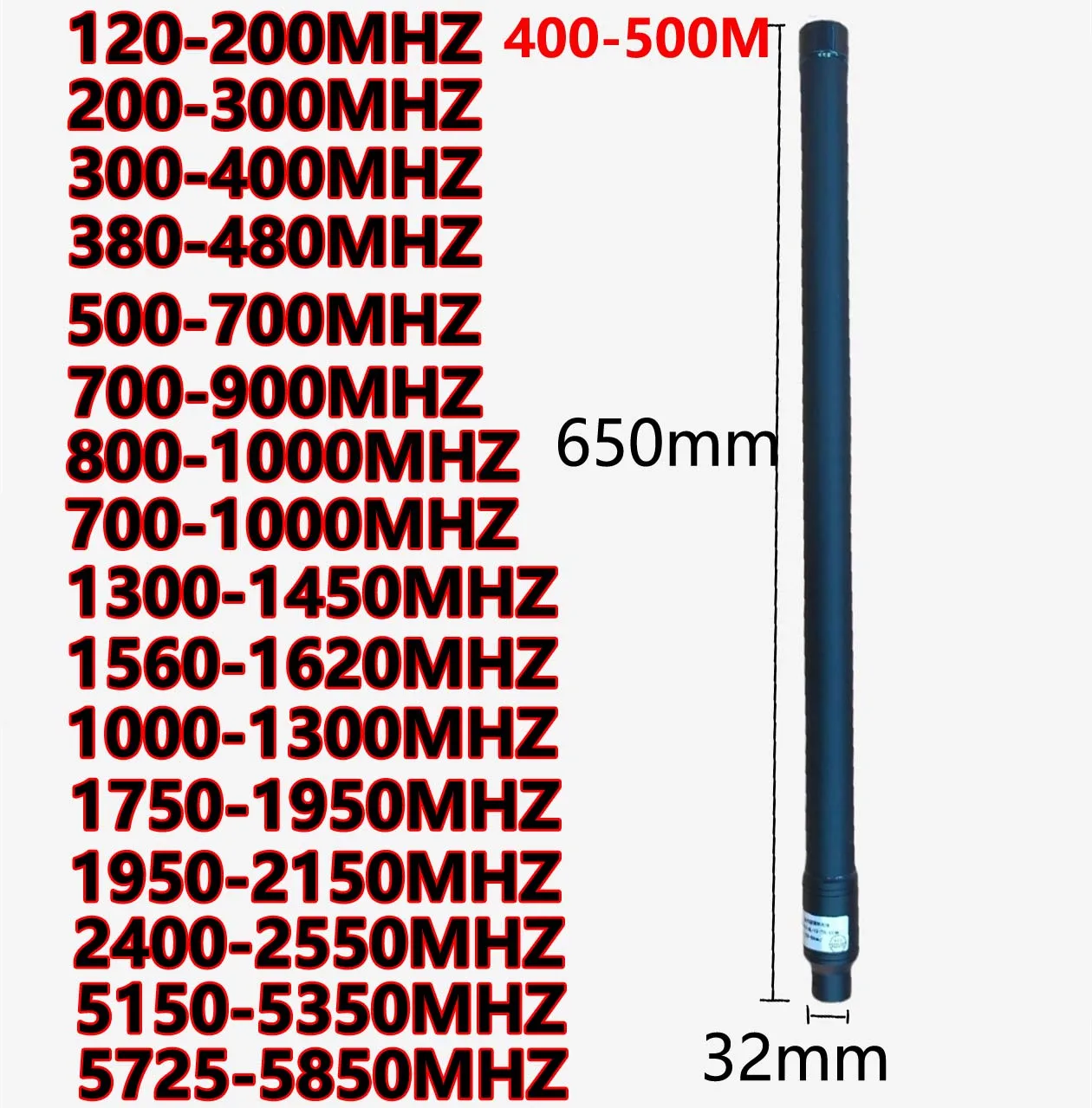 Antena omnidirecional de fibra de vidro 120-200MHZ200-300MHZ300-400MHZ380-480M500-700M700-900M800-1000M1000-1300M1.5G1.8G2.4G5.2G5.8G