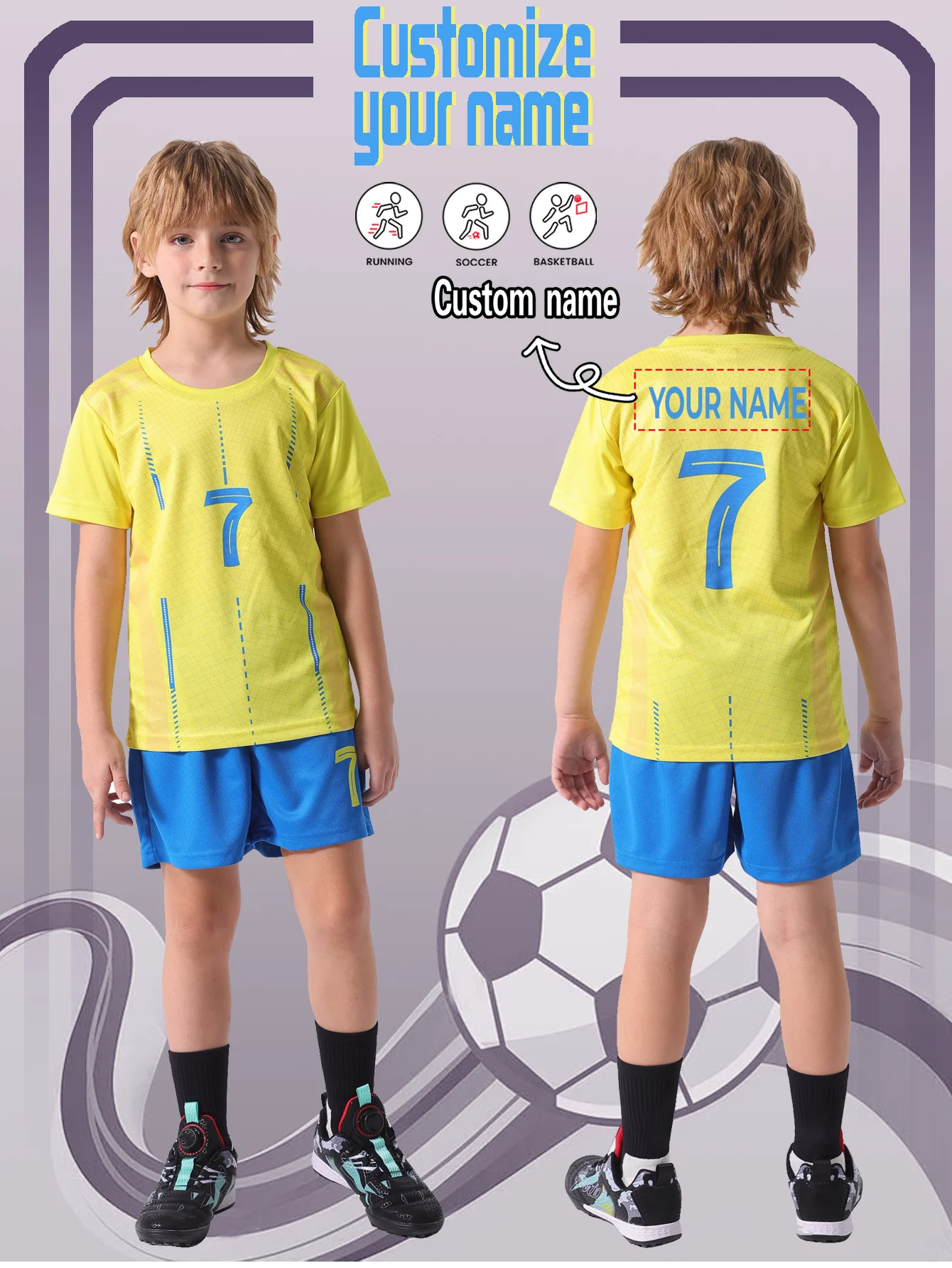 Kids And Teens Lightweight Quick-Dry Soccer Uniform Set for Sports Outdoor Wear Fixed Number 7 Back Name Personaliz