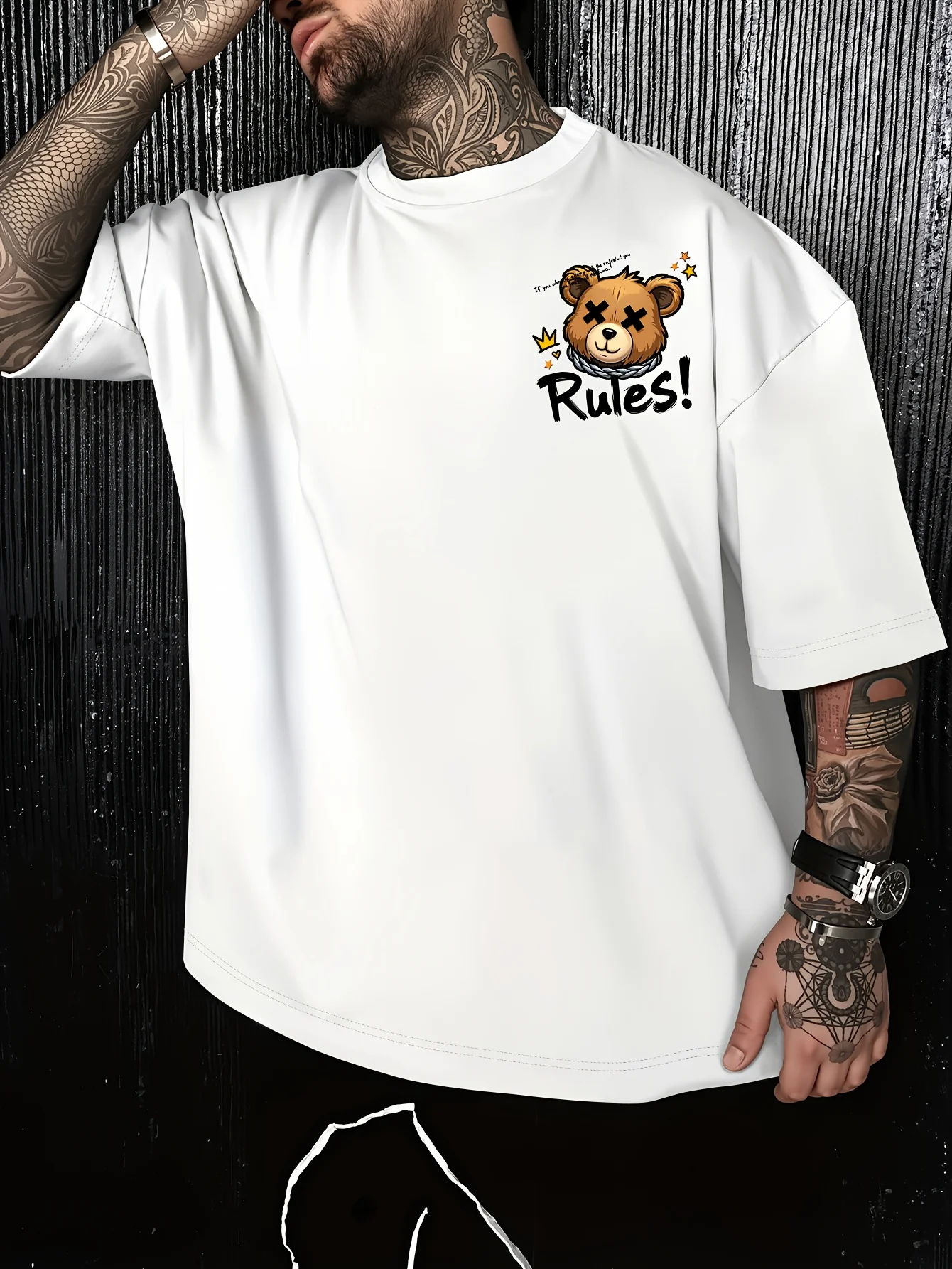 Men's Dark Green Street Style T-shirt with Back Print Loose Fit Summer Casual Tee