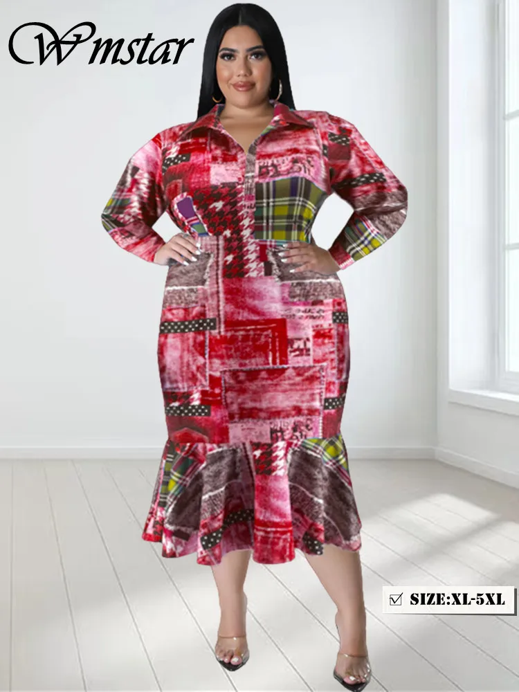 Wmstar Plus Size Dresses for Women Printed Tie Dye Fashion Long Sleeve Shirts New In Fall Maxi Dress Wholesale Dropshipping