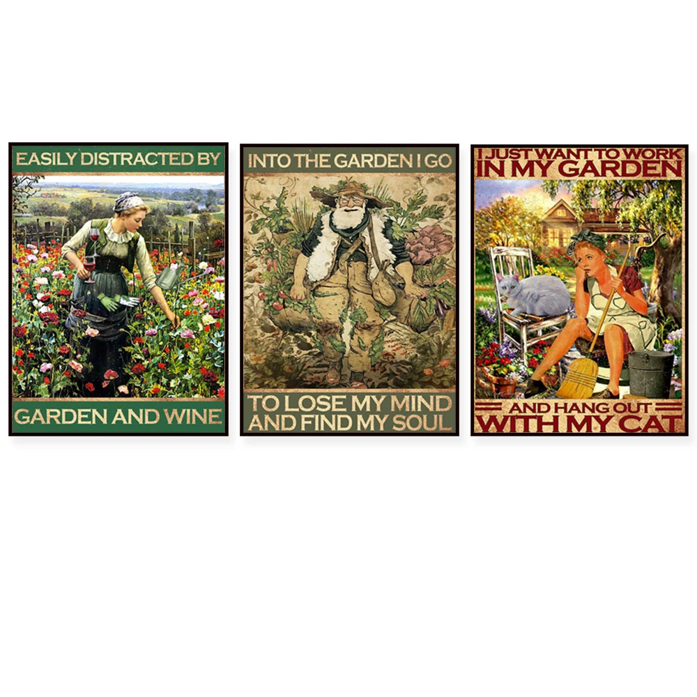 

Walking into the garden, I will lose my mind and look for my soul. Wine and garden retro posters, female garden lovers, wine lov