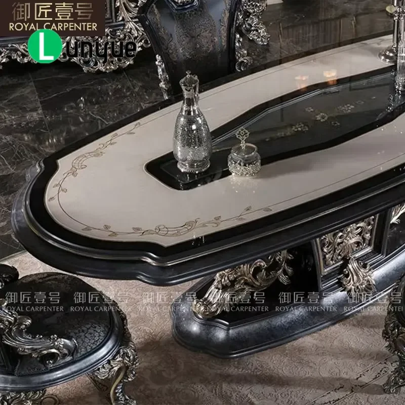 European Solid Wood Carved Flower Tempered Glass Oval Dining Table Luxury French Style Furniture for Large Apartment Home