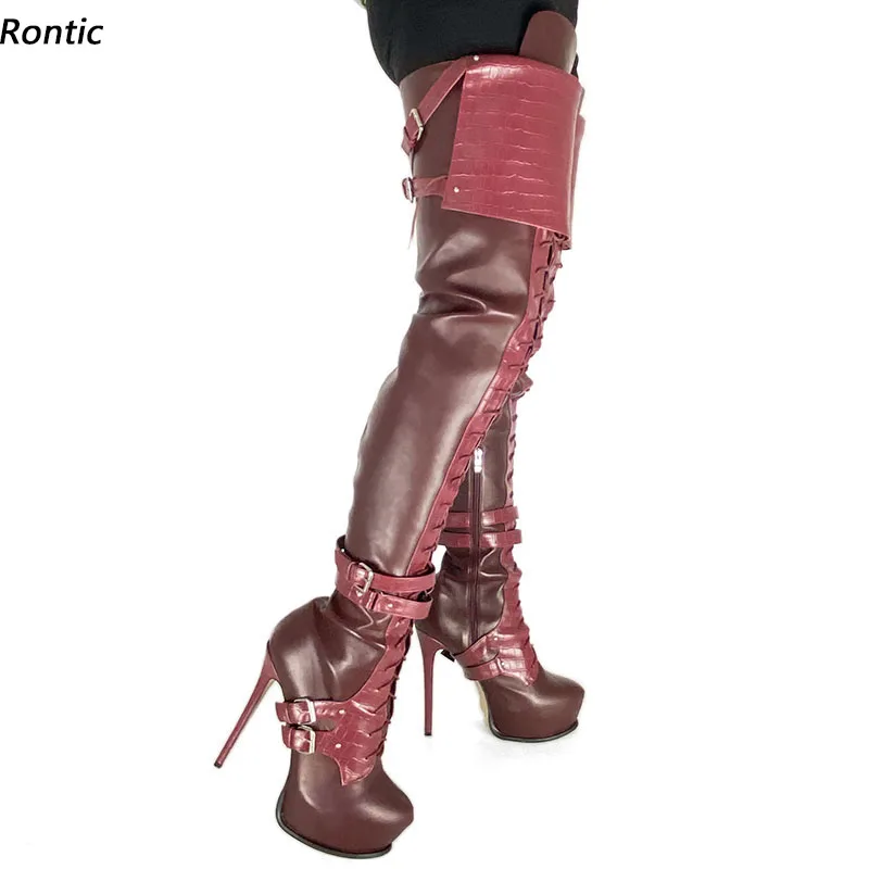 Rontic Women Winter Crotch Boots Hidden Platform Side Zipper Stiletto Heels Round Toe Fabulous Burgundy Party Shoes US Size 5-20