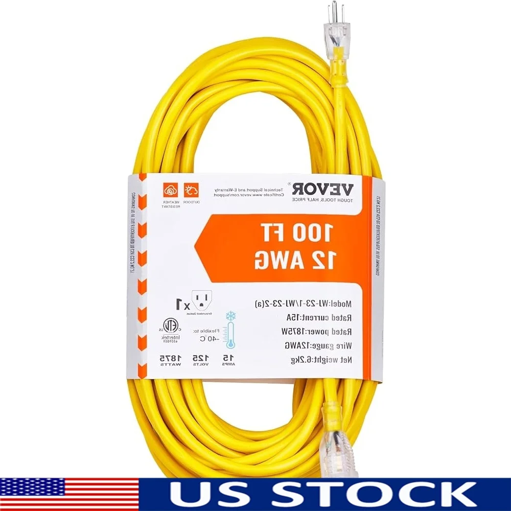 

100FT Heavy Duty Extension Cord 12AWG 15Amps 3 Prong Indoor Outdoor Electric Cord Waterproof Lighted End Flexible Durable ETL