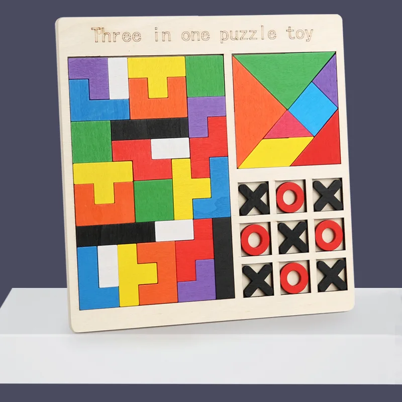 Rompecabezas de madera para niños, juego Tetris tangram, ajedrez, rompecabezas tres en uno, bloque de construcción, juguete de educación temprana, bloque de construcción