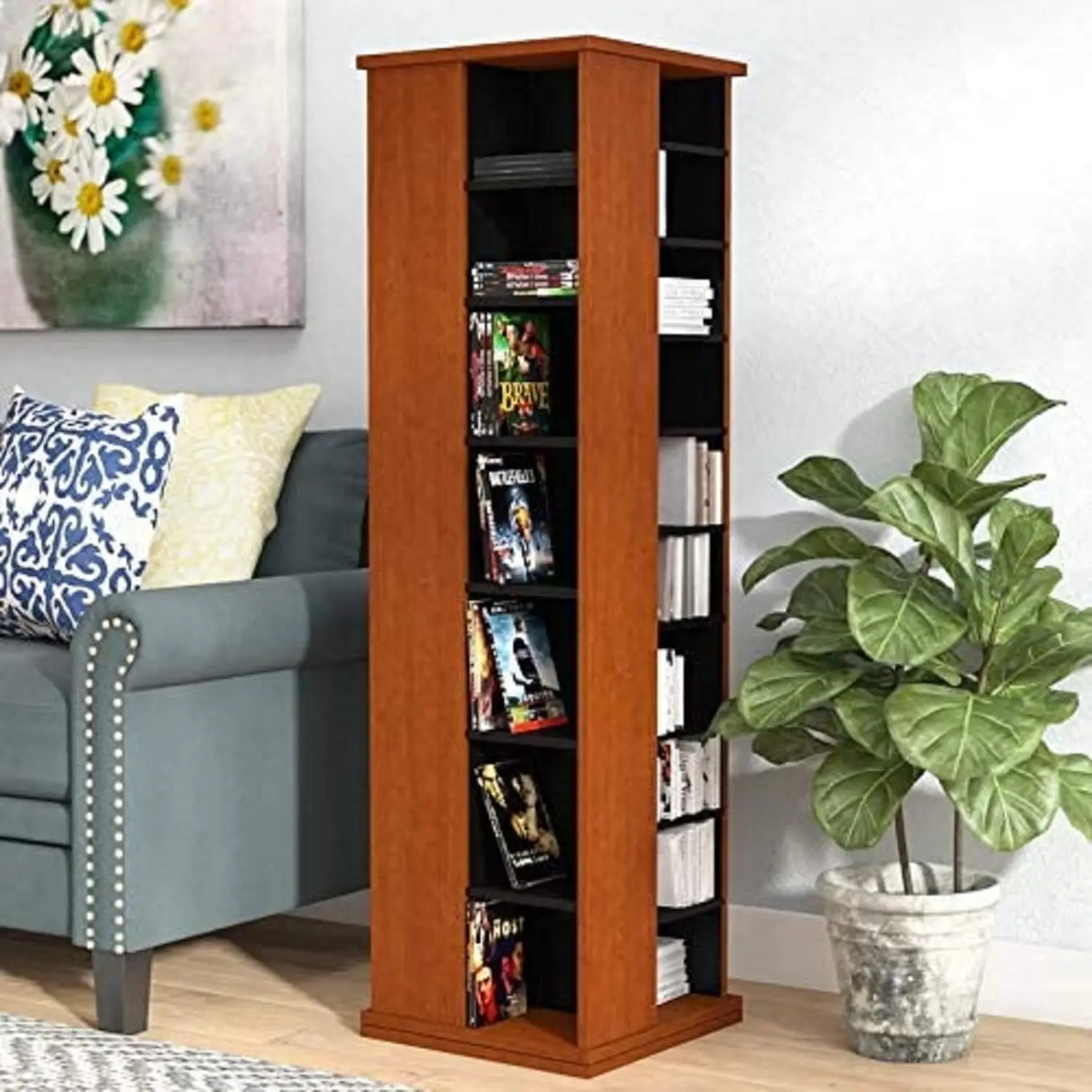 360° Rotating Media Storage Tower, 600 CD Capacity, Cherry Wood CD Organizer Rack, Revolving Media Shelf, Customized