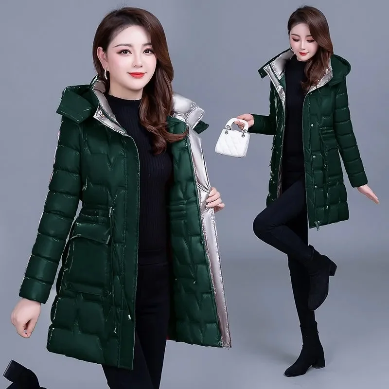 Winter Glossy Snow Jacket Women\'s Down Cotton Slim Hooded Coat Mother Warm Mid Long Overcoat Fashion Female Thicke Parkas Jacket