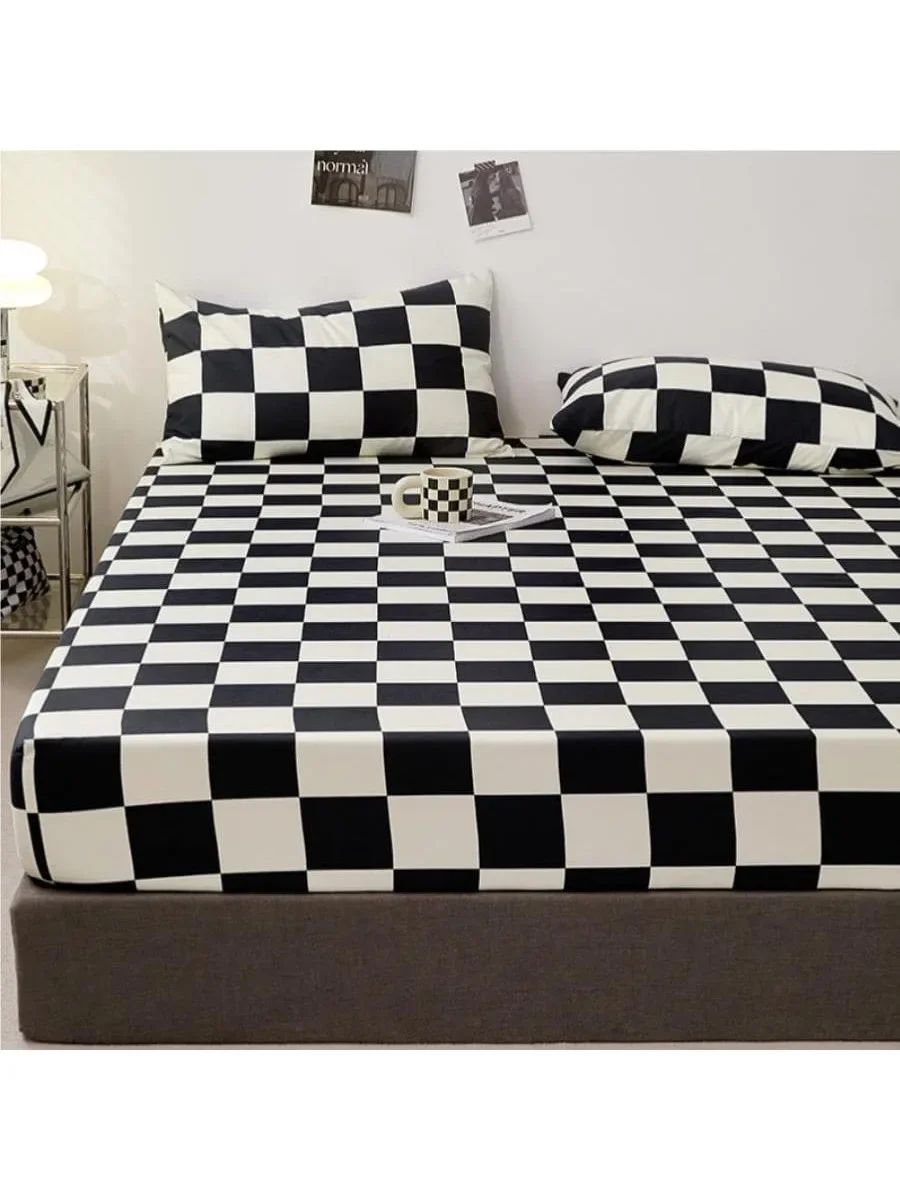 3pcs Checkerboard Pattern Fitted Sheet Set(1 Fitted Sheet & 2 Pillowcase)  Modern Sheet Set For All Seasons