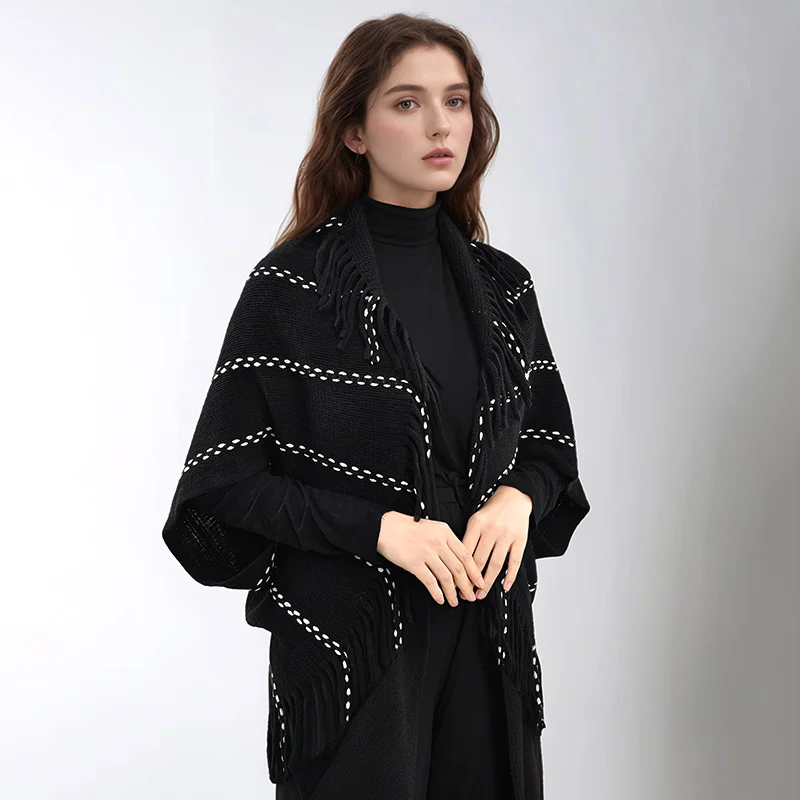 

Зимняя большая теплая шаль с кисточками, однотонный вязаный кардиган, накидка, шаль, женское стильное свободное толстое пальто 87*47 см