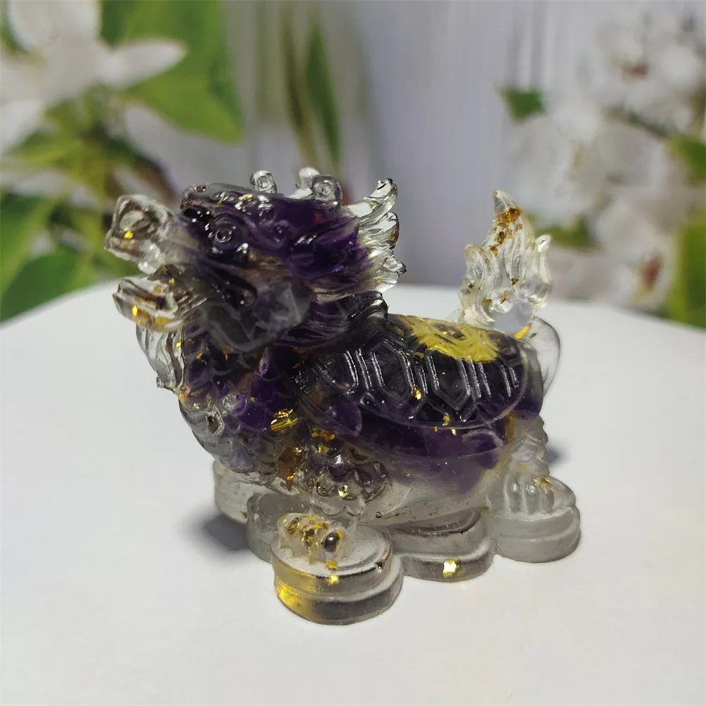 Natural Amethyst  Resin Chips  Dragon Turtle Stones and Minerals Fengshui Reiki Desk Home Decoration