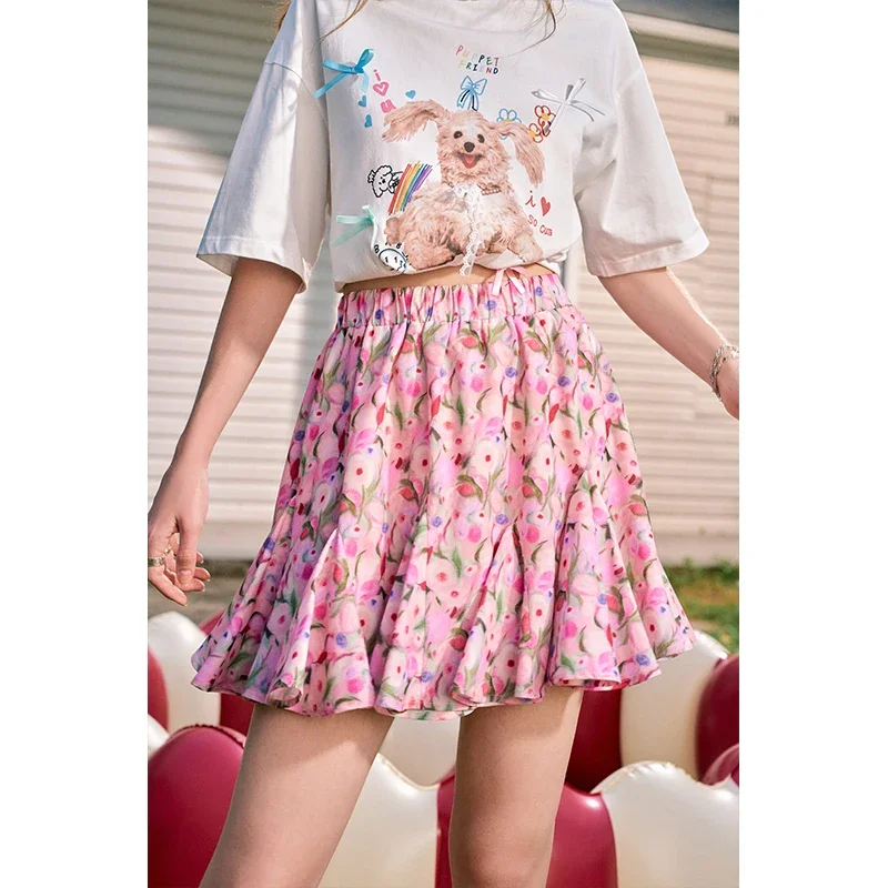 ELFSACK Women's Oil Painting Floral Print Midi Skirt Vintage Artistic A-Line Skirt