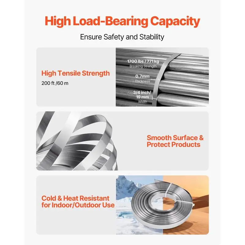 Steel Banding Strapping Kit, Heavy Duty Banding Sealer Tool with 200 ft Binding Straps, 200 Metal Clasps, Manual Pallet Packaging Strapping Kit for Warehouse, Transportation, Industrial Bundling view 6