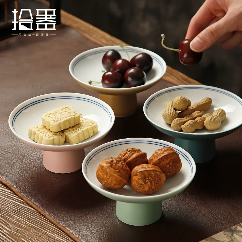 

Dehua white porcelain high foot plate hand drawn double line tea plate Japanese simple fruit plate ceramic high foot