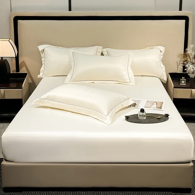 New Artificial Washed Silk Bed Sheet Set with Elastic Band High-quality Silky Queen Fitted Sheet King Size Bedsheet Pillowcases