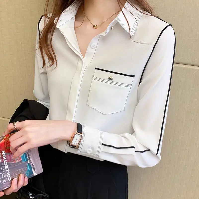 White Chiffon Shirt Women\'s Long Sleeve Spring Long Sleeve Polo Neck Contrast Loose Fashion Blouse Casual Office Lady Clothing