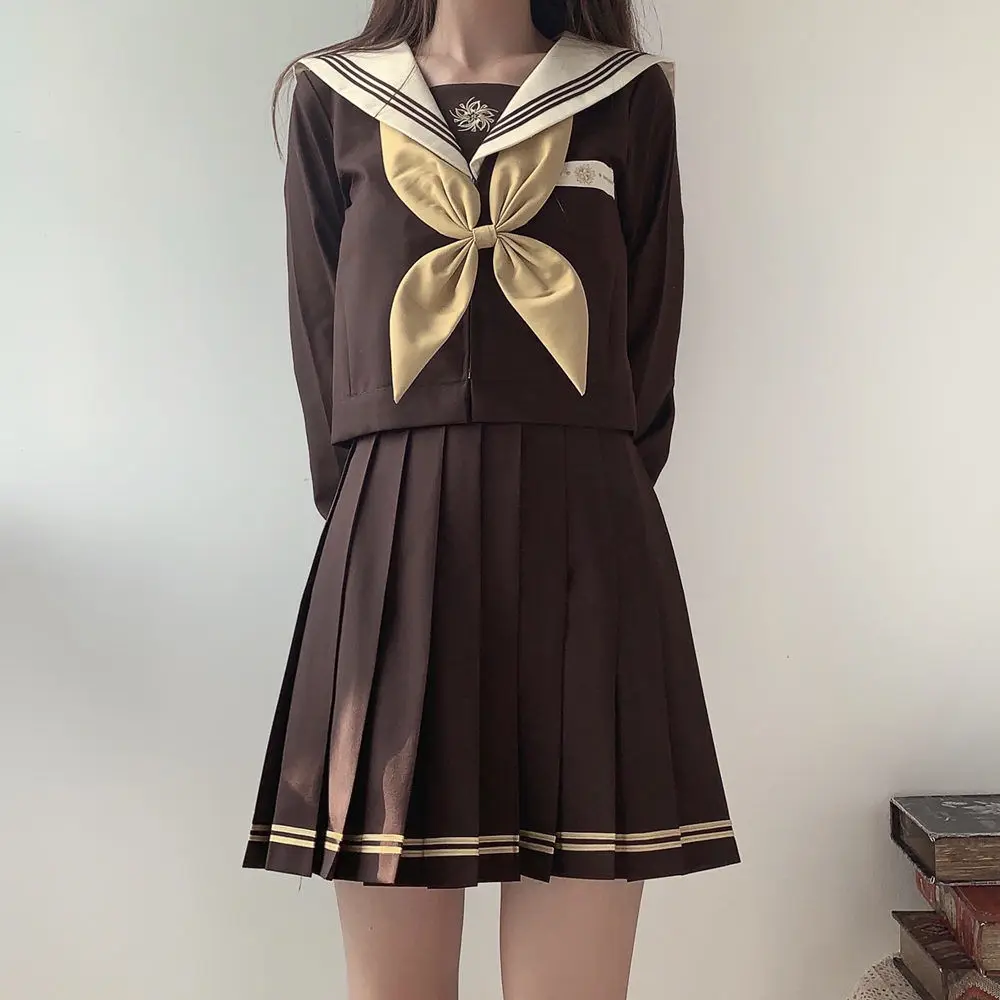 Japan Pleated Skirt Jk Uniform Three-Lines Brown Sailor Suit Japanese Schoolgirl Outfits Graduation clothing  Women Anime