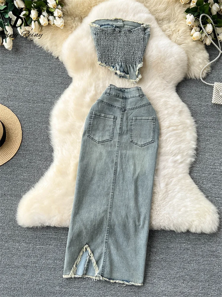SINGREINY Streetwear Irregular Design Denim Two-piece Set Strapless Button Ruched Top+High Waist Pocket Split Skirt Fashion Suit - Image 2