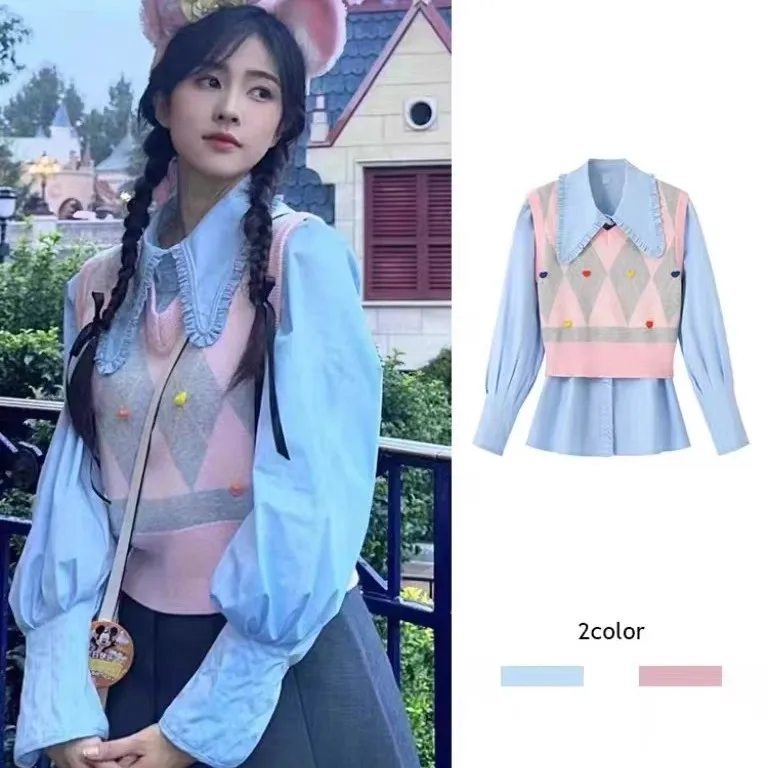 

Off College Sle Long Sve Blue irt Pink Knitted Vest Set V Ne Patterned id Design Commute Faion Autumn Collection