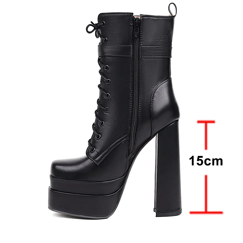 ANNYMOLI Women Pu Leather Fashion Boots Short Boots Platform Hoof High Heels Sqaure Toe Buckle Sexy Zipper Winter Shoes 34-46