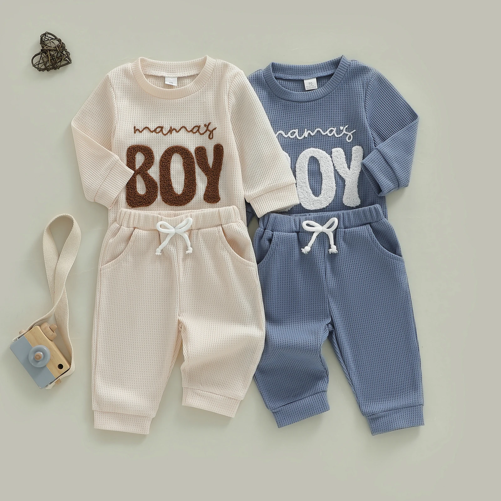 Baby Boys Waffle Pants Set Long Sleeve Crew Neck Embroidery Letters Romper with Pants Fall Boys Casual Outfit