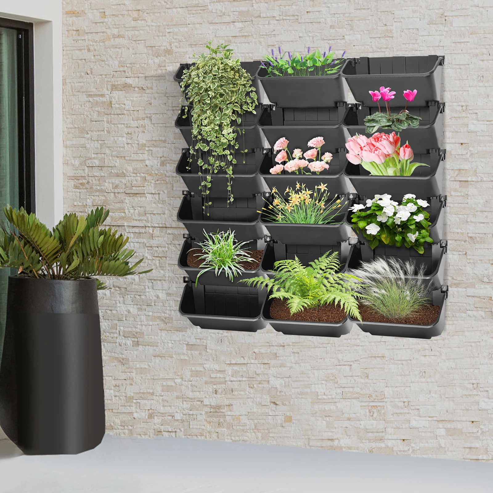 

Настраиваемый черный вертикальный садовый горшок - горизонтальное/вертикальное сращивание и фиксация пряжки, дренажные отверстия, предотвращают вращение корня