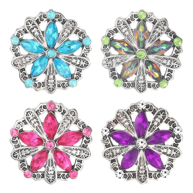 New Beauty Colorful Rhinestone Round rotated style Flower Daisy Sunflower 18MM snap buttons fit DIY snap bracelet jewelry