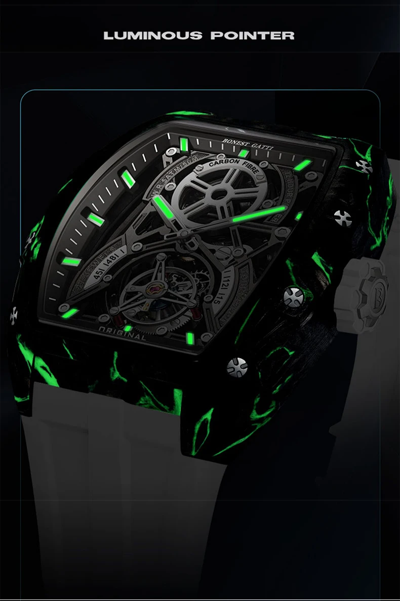 Reloj BONEST GATTI Tourbillon para hombre, 43x52mm, Tonneau, reloj de pulsera mecánico automático, caja Lume de fibra de carbono, esfera con mecanismo al descubierto, zafiro