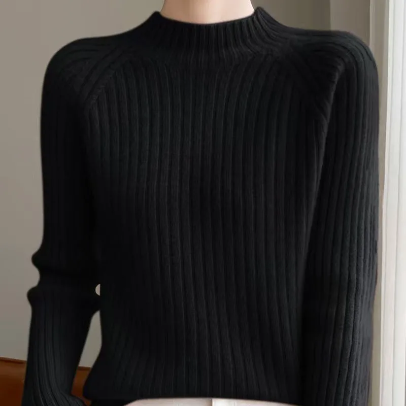 Classic Women Knitwear Cashmere Pullover Fashion Wool Sweater Half height Neck Long sleeves Vertical Slim fit style Basics Tops