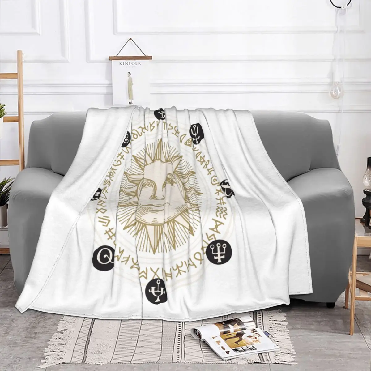 Sun Retro Runes Flannel Blanket Amulet Mystery Tarot Vintage Throw Blankets for Sofa Bedding Lounge 150*125cm