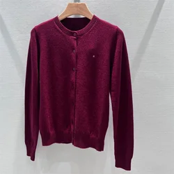 Women Cardigan Wine Red M120088 Early Spring Crew Neck Short Sleeve Long Sleeve Slim-fit Knitted  Versatile Sweater Jacket Top