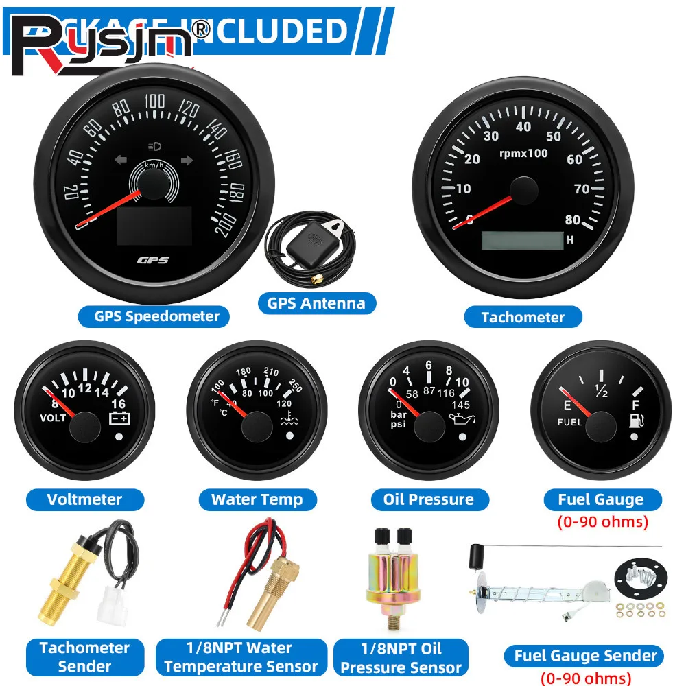 85mm Gauge+52mm Gauges 6 Gauge Set With Sensors 80MPH 200kmh GPS Speedometer  Tachometer Volt Water Temp Oil Press Fuel 0-90ohm