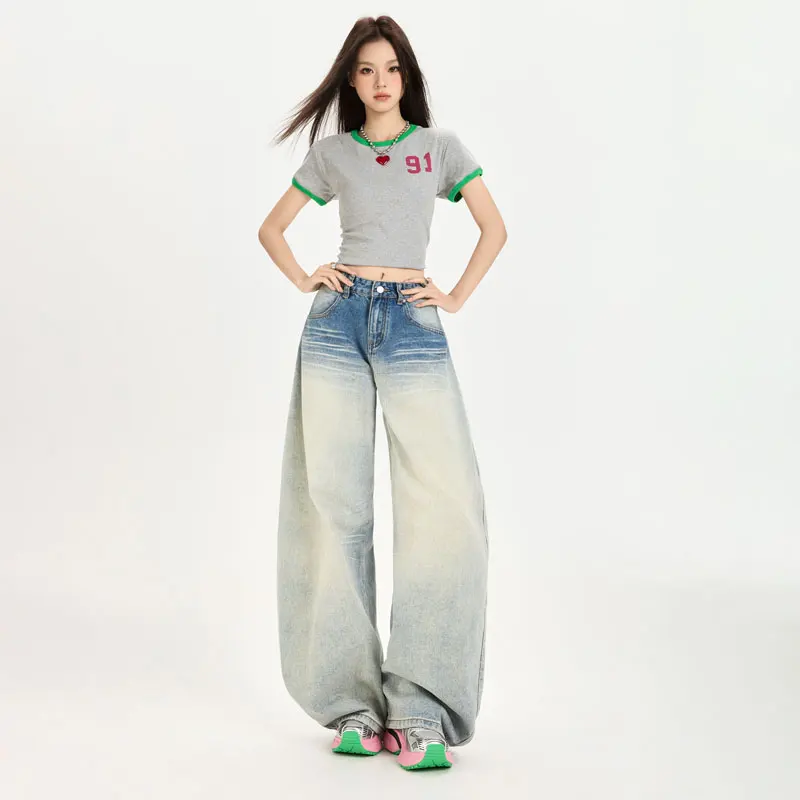 

Новые свободные прямые брюки, популярные повседневные джинсовые брюки, осень 2024, американские винтажные легкие потертые широкие брюки с усами и морщинами