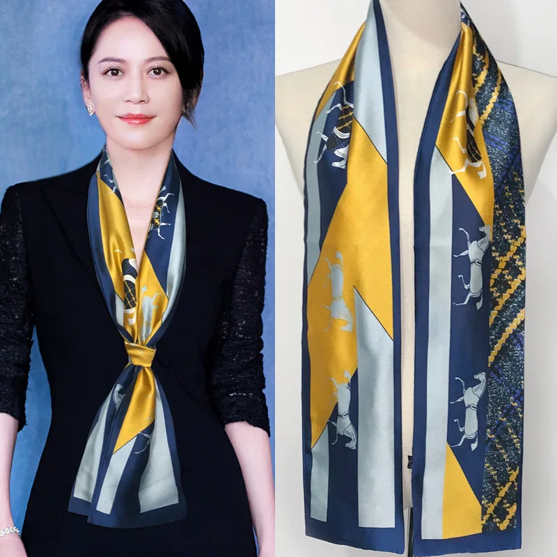 

British War Horse Long Scarf Women's Silk Feeling Scarf Versatile Headband Imitation Mulberry Silk Satin 15 * 145 Women Scarf