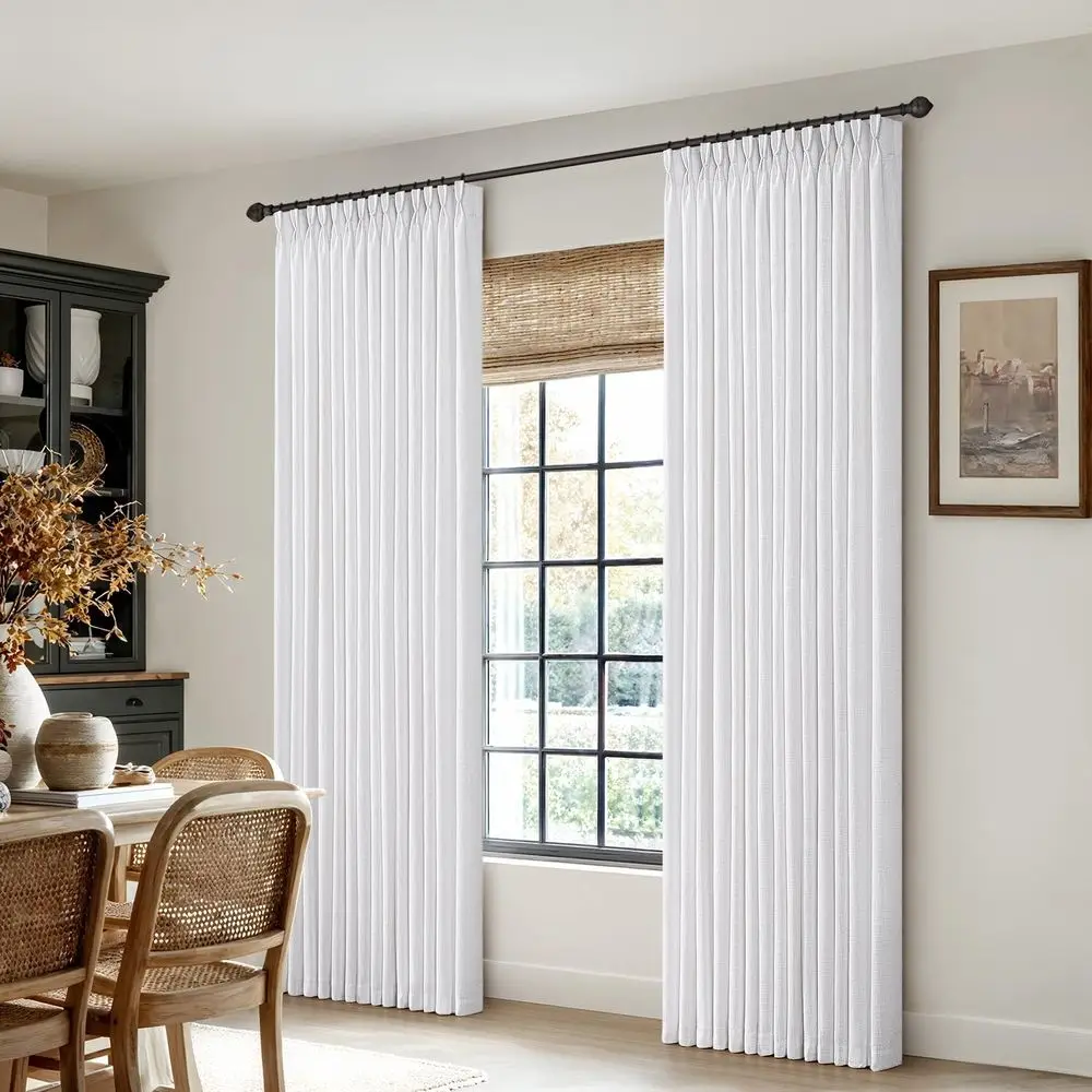 White Linen Pinch Pleat Drapes, 84 Long, 2-Panel Set, Memory Fabric, Light Filtering for Living Spaces