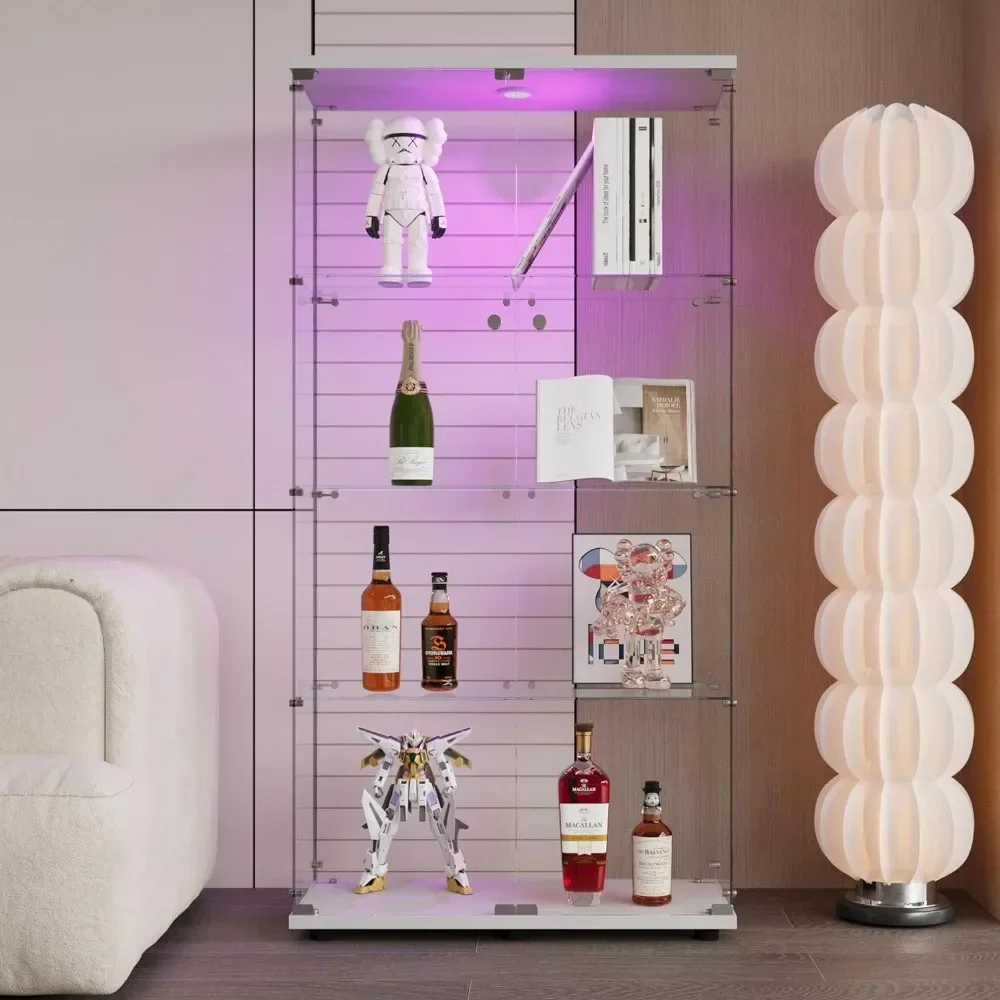 Double Door LED Lighted Glass Display Cabinet (4 Tiers) with Door and Remote Control, Living Room Cabinet, 64.7"*31.7"*14.3"