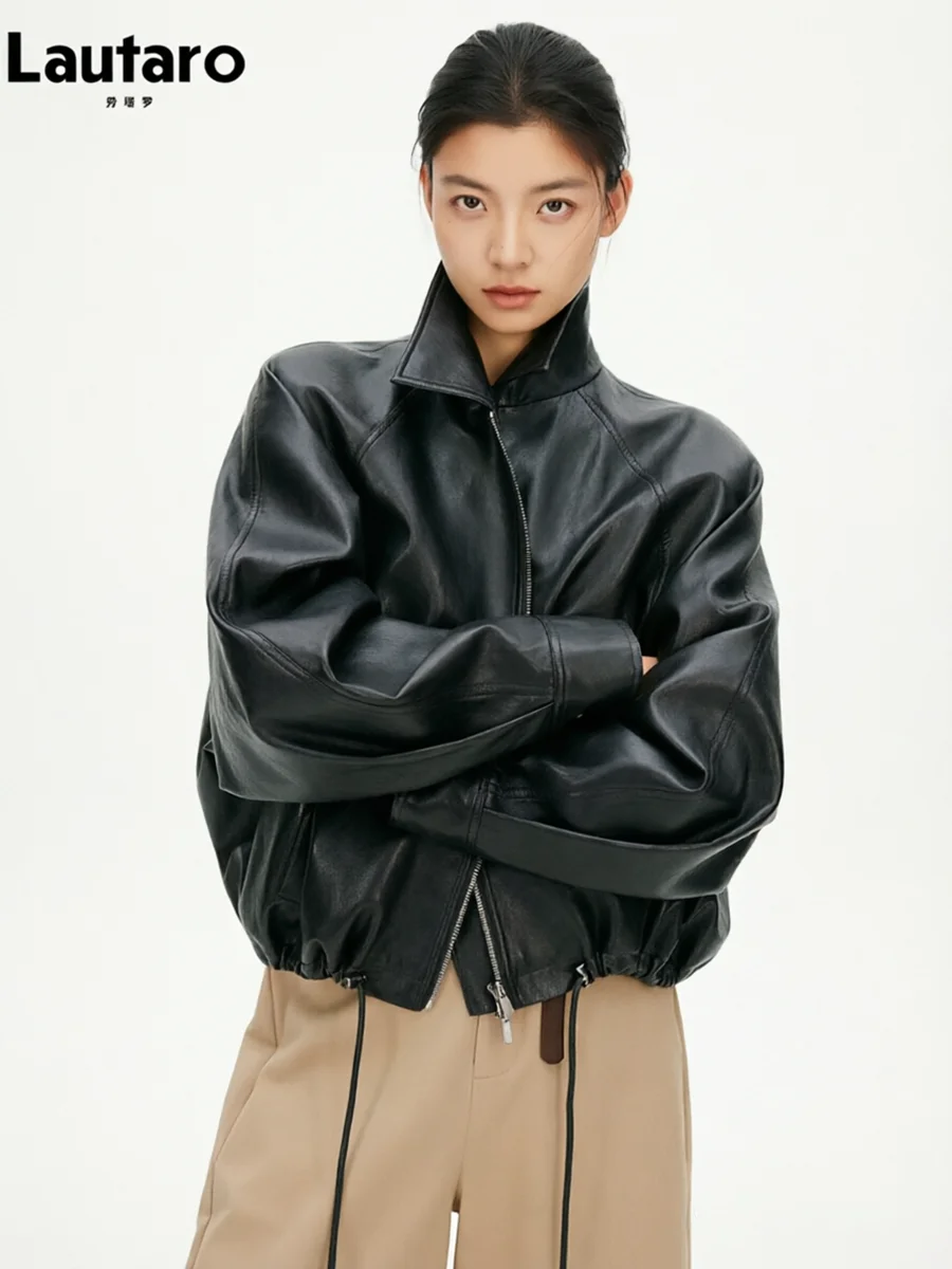 Chaqueta Corta de Cuero Sintético Verde para Mujer, Marca Lautaro, Primavera-Otoño 2026, con Cierre, Diseño de Lujo, Estilo Coreano Informal y Holgado