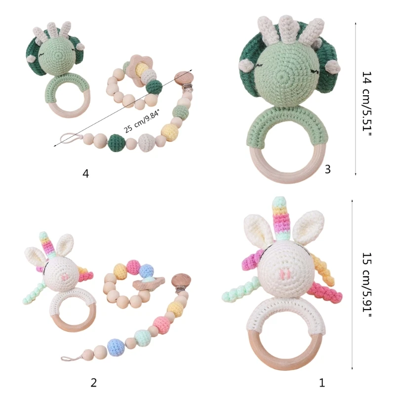 Crochet Animal unicorn Pacifier Clip Rattle Toy Soother Bracelet Wooden Teether Ring Baby Product Mobile Pram Crib Wooden Toys