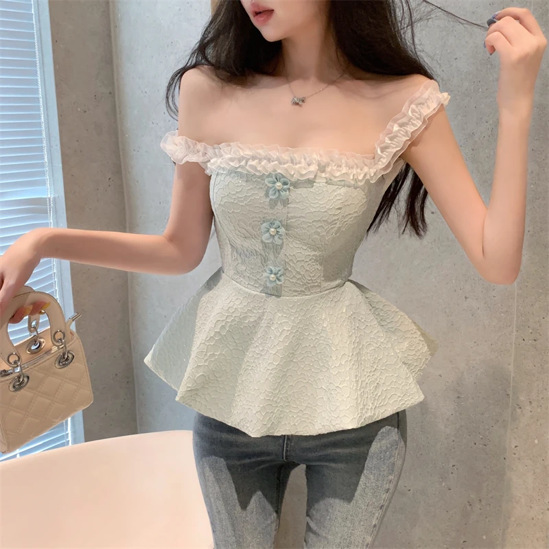 

Mint een Floral ter Ne Crop Top Women Summer Thai Sle Sweet And Spicy Girl Puffy Svel Vest Korean Version Slim...