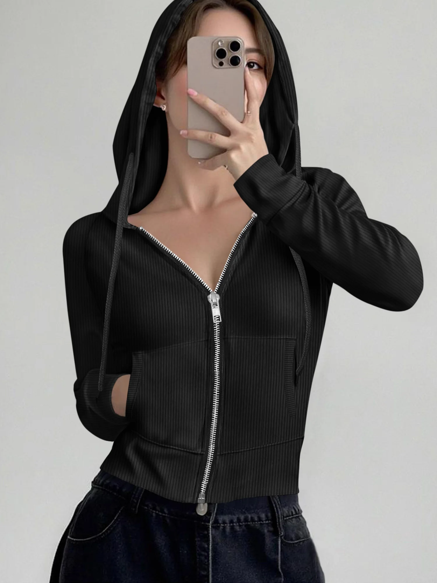 

Повседневная приталенная толстовка с капюшоном в рубчик, укороченный кардиган на молнии, универсальный короткий топ для весны и осени